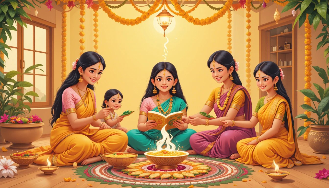 A vibrant illustration of Ugadi celebrations featuring a family dressed in traditional Indian attire, preparing Ugadi Pachadi, reading the Panchangam (Hindu almanac), and decorating their home with mango leaf torans and colorful rangoli. The festive scene includes marigold garlands, oil lamps (diyas), and a warm golden-yellow background, symbolizing joy, new beginnings, and cultural traditions of the Telugu and Kannada New Year.