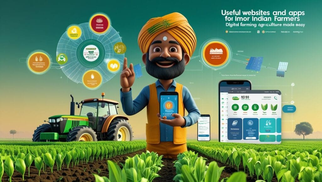 3D illustration showing a happy Indian farmer using smartphone with icons of useful websites and apps for Indian farmers in a green field.
