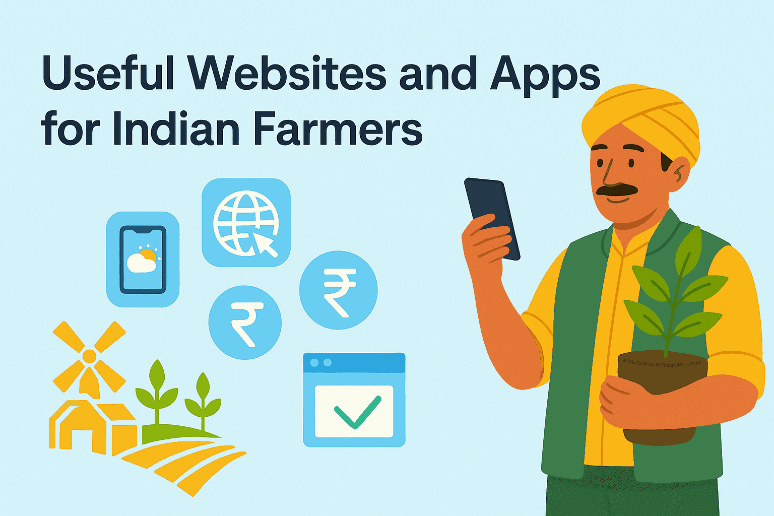 A modern, colorful digital illustration showing Indian farmers using smartphones and laptops in fields, symbolizing the use of useful websites and apps for Indian farmers in 2025.