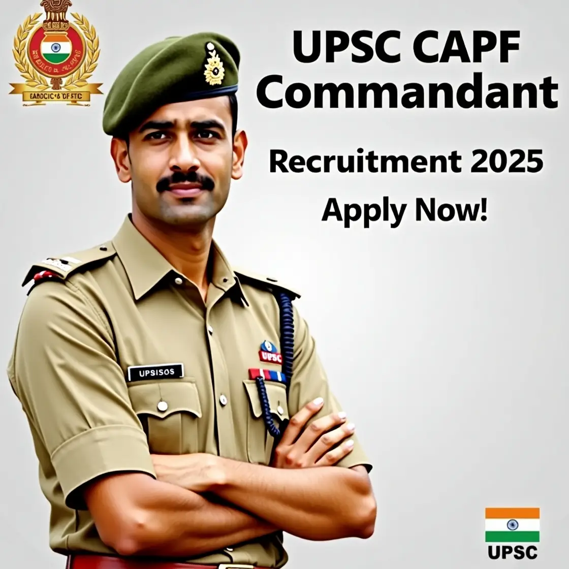 UPSC CAPF Assistant Commandant Recruitment 2025 – Apply Now! Indian paramilitary officer in uniform with UPSC logo and important recruitment details.
