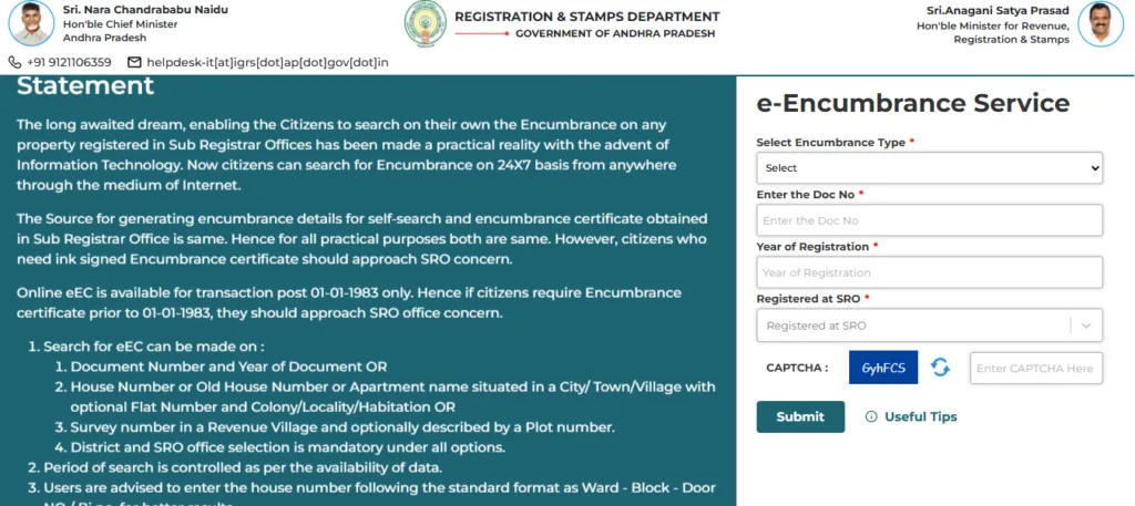 IGRS Andhra Pradesh Encumbrance Certificate search form for online property verification