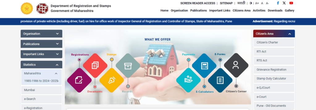 IGR Maharashtra official website homepage showing property services