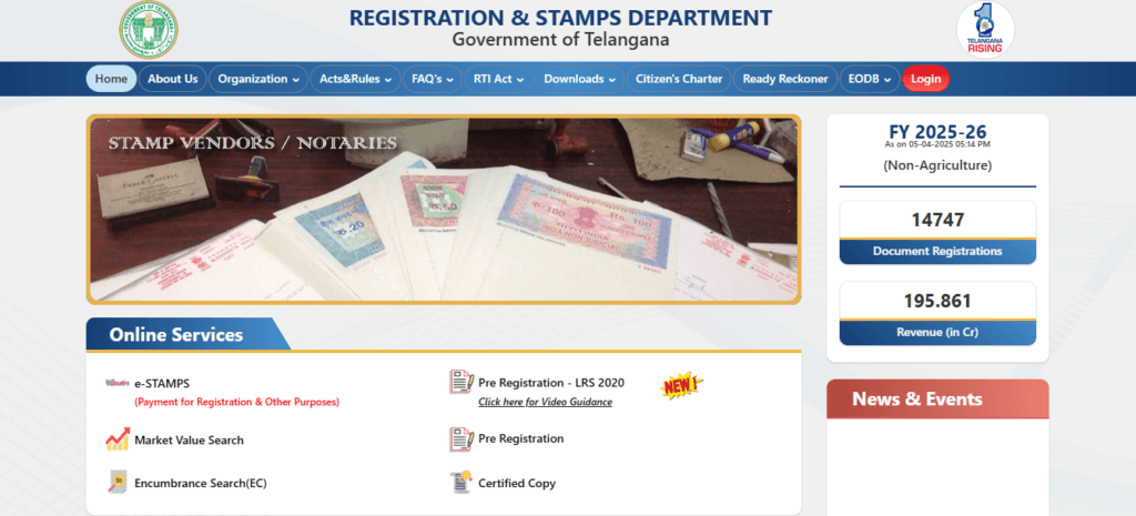 IGRS Telangana and TS IGRS portal for Online EC Search, property registration, market value check, and Dharani land services in Telangana