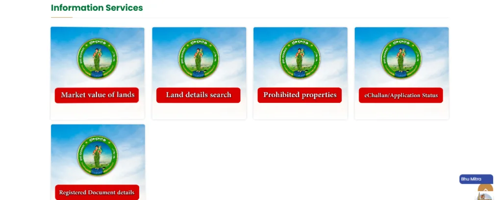 Informational services on Telangana Bhu Bharati Portal including land record search, Bhudhaar ID lookup, ROR details, encumbrance check, and application tracking.