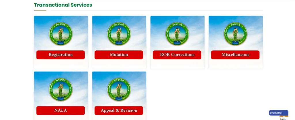 Transactional services on Telangana Bhu Bharati Portal including land registration, mutation, ROR correction, and grievance redressal options.