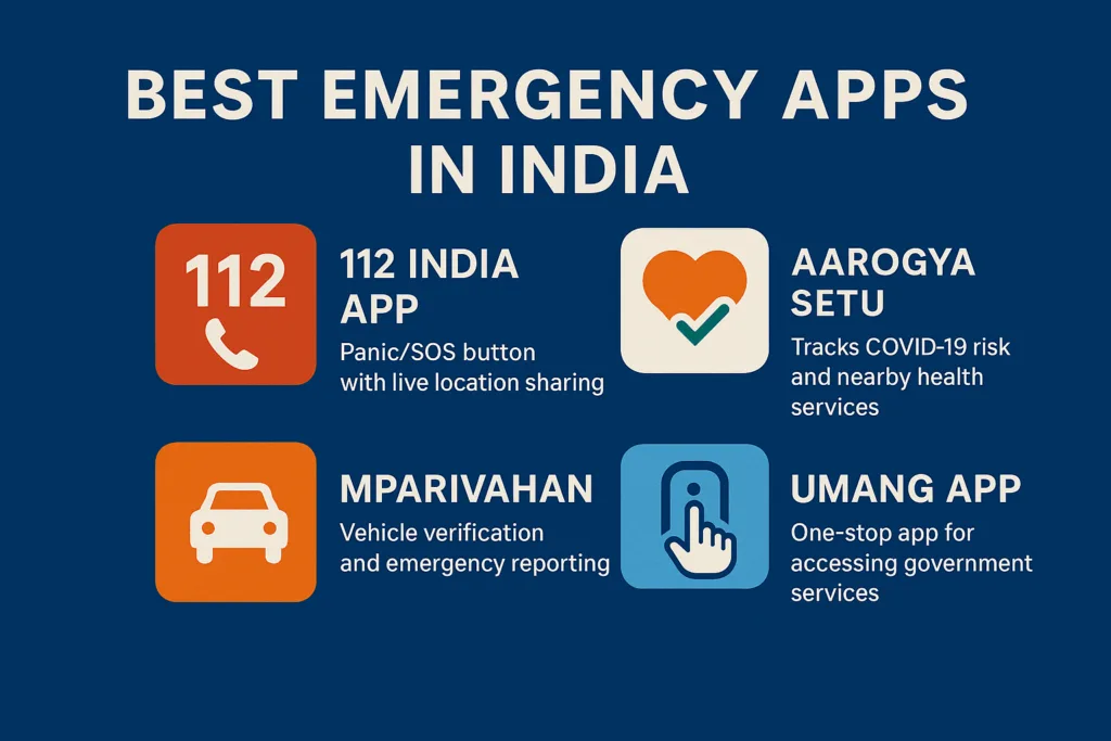 Infographic showing top emergency apps in India like 112 India App, Aarogya Setu, mParivahan, and UMANG with brief descriptions of their safety features and emergency use cases.