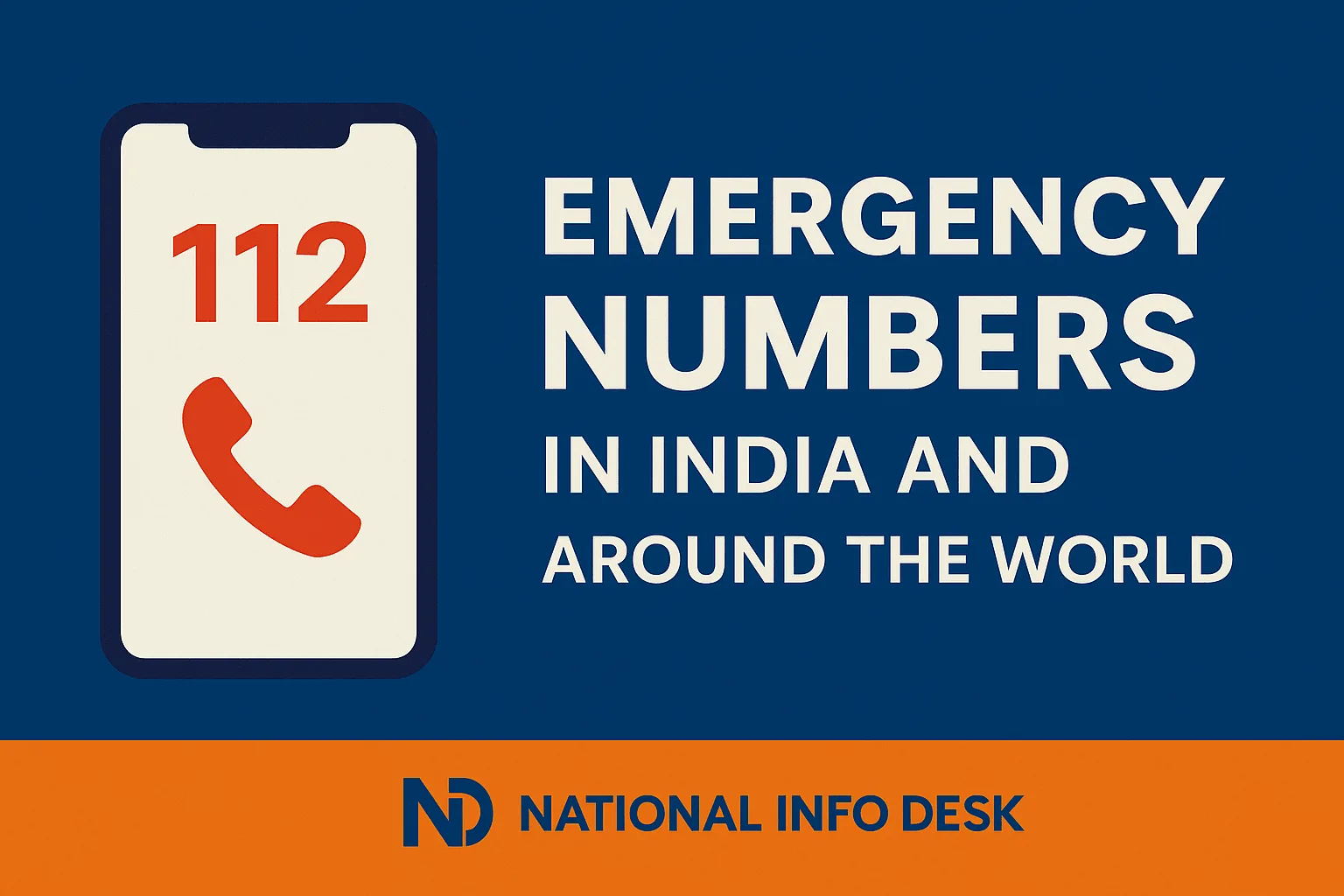 Feature image titled 'Emergency Numbers in India' with a red 112 emergency icon, highlighting key topics such as state-wise emergency numbers, best emergency apps in India, and international emergency contacts – designed for blog visibility and engagement.