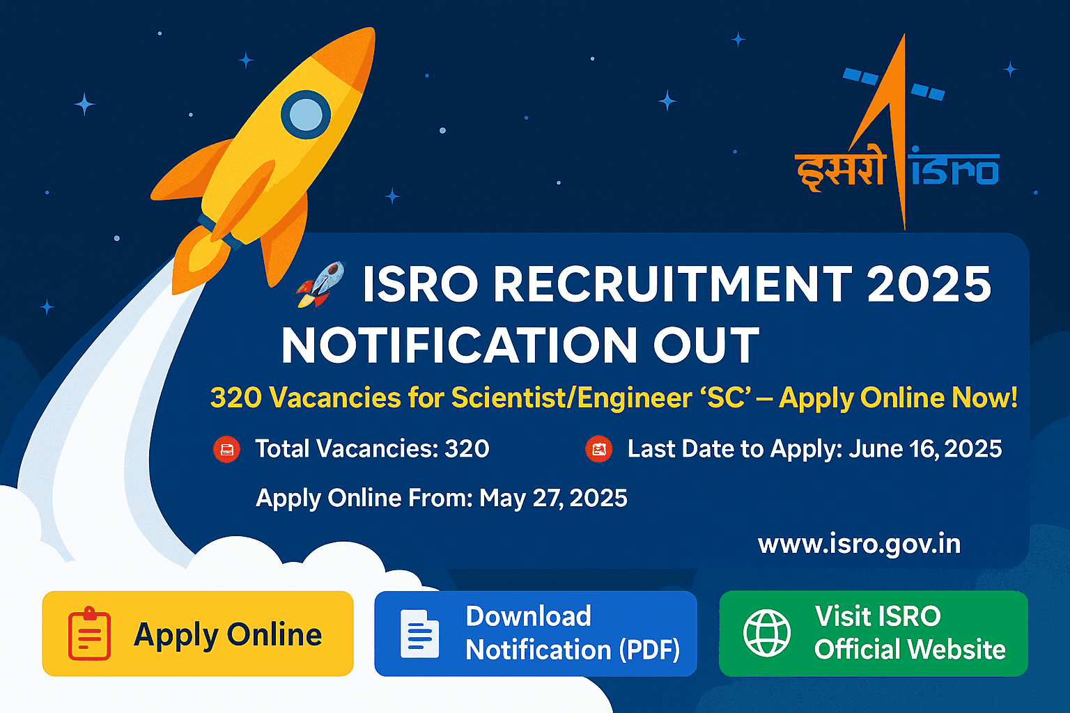 ISRO Recruitment 2025 Notification Out: 320 Vacancies for Scientist/Engineer ‘SC’ – Apply Online Now!