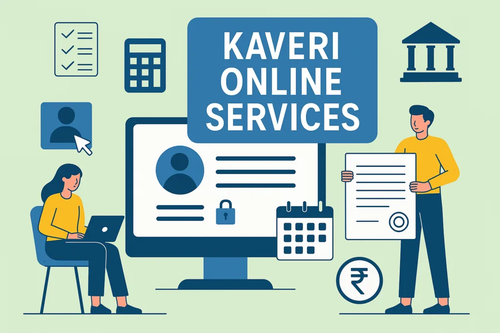 Overview of Kaveri Online Services portal showing icons of property registration, EC application, stamp duty calculator, and digital document access.