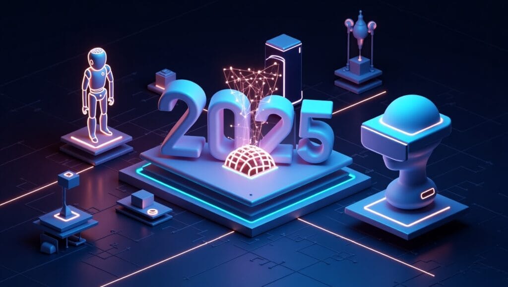 3D blog banner showing top technology trends in 2025 with icons of AI, 5G, IoT, Blockchain, and VR on a futuristic digital background.