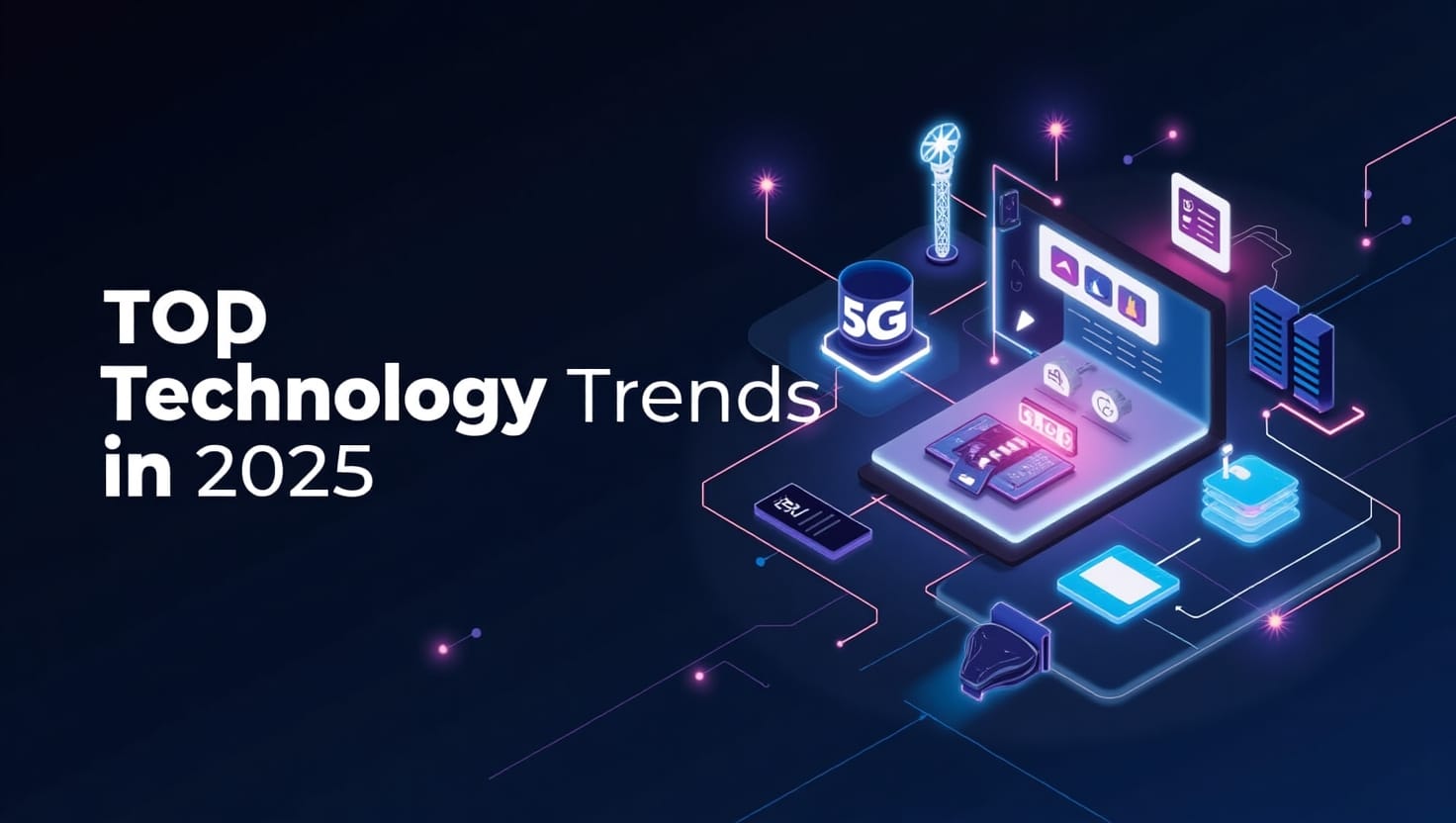 Feature image for 'Top Technology Trends in 2025' showcasing AI, 5G, IoT, Blockchain, and VR in a futuristic design with glowing blue and purple digital background.