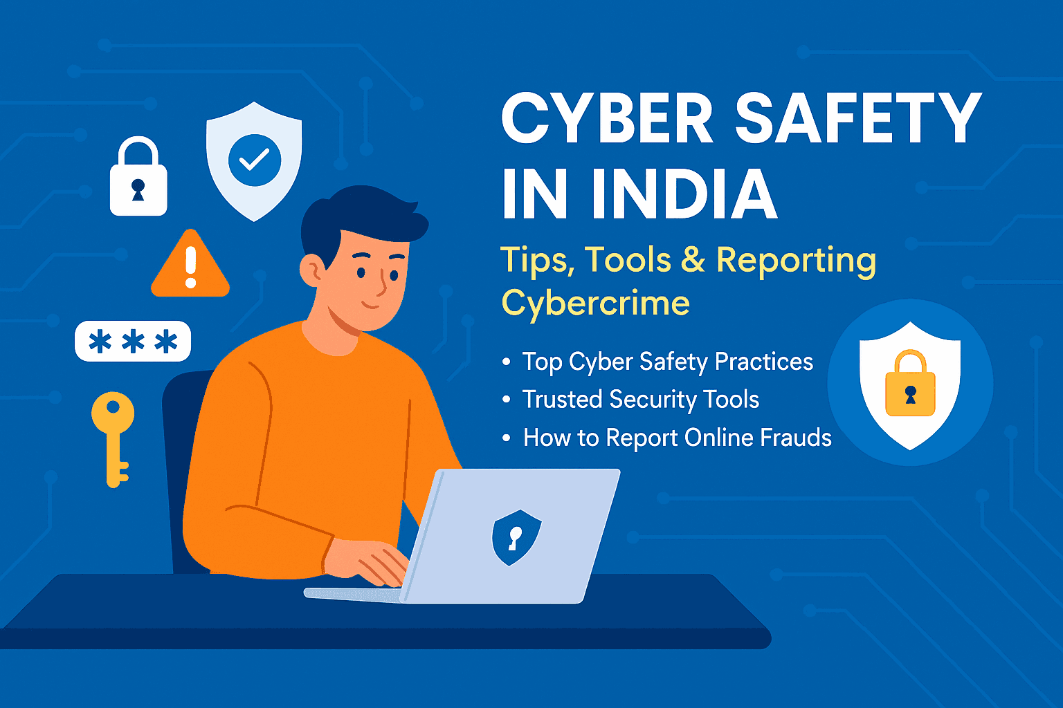 Feature blog banner showing Cyber Safety in India 2025 with a secure shield icon, digital devices, and people browsing safely online.
