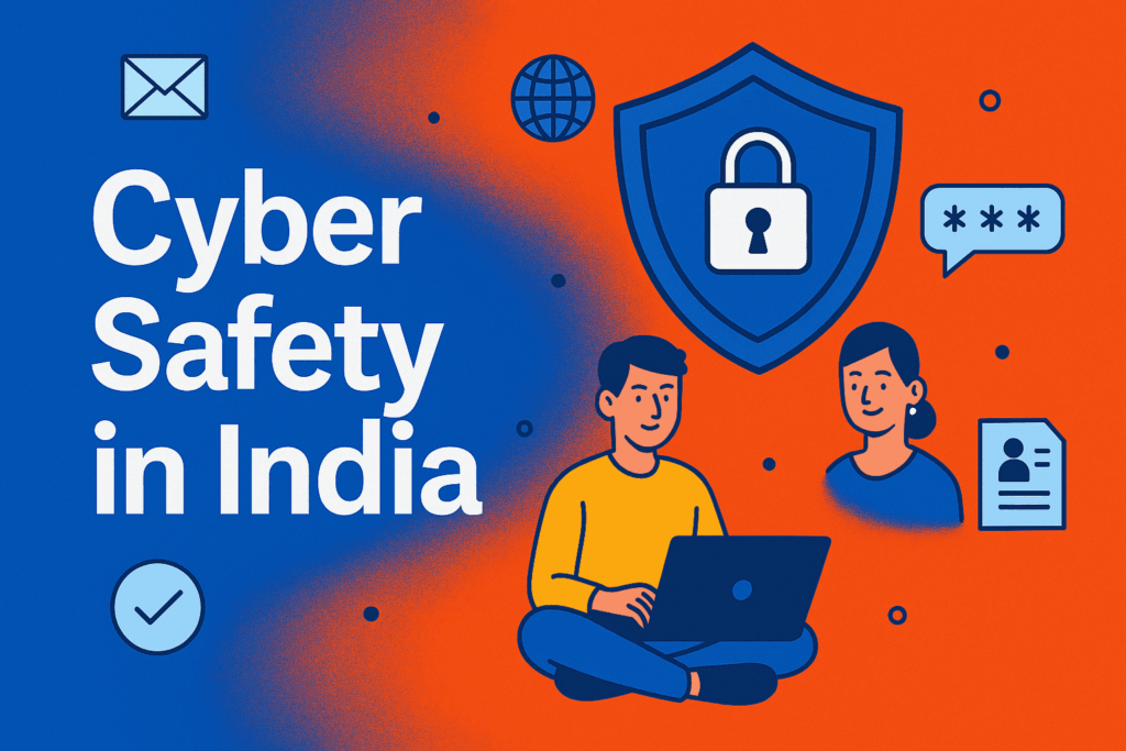 Infographic illustrating Cyber Safety in India with icons representing secure passwords, antivirus software, OTP protection, cybercrime reporting, and digital privacy.