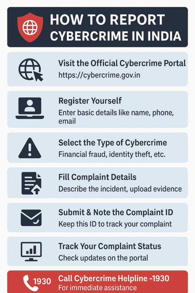 Infographic showing step-by-step guide on how to report cybercrime in India through the official cybercrime portal.