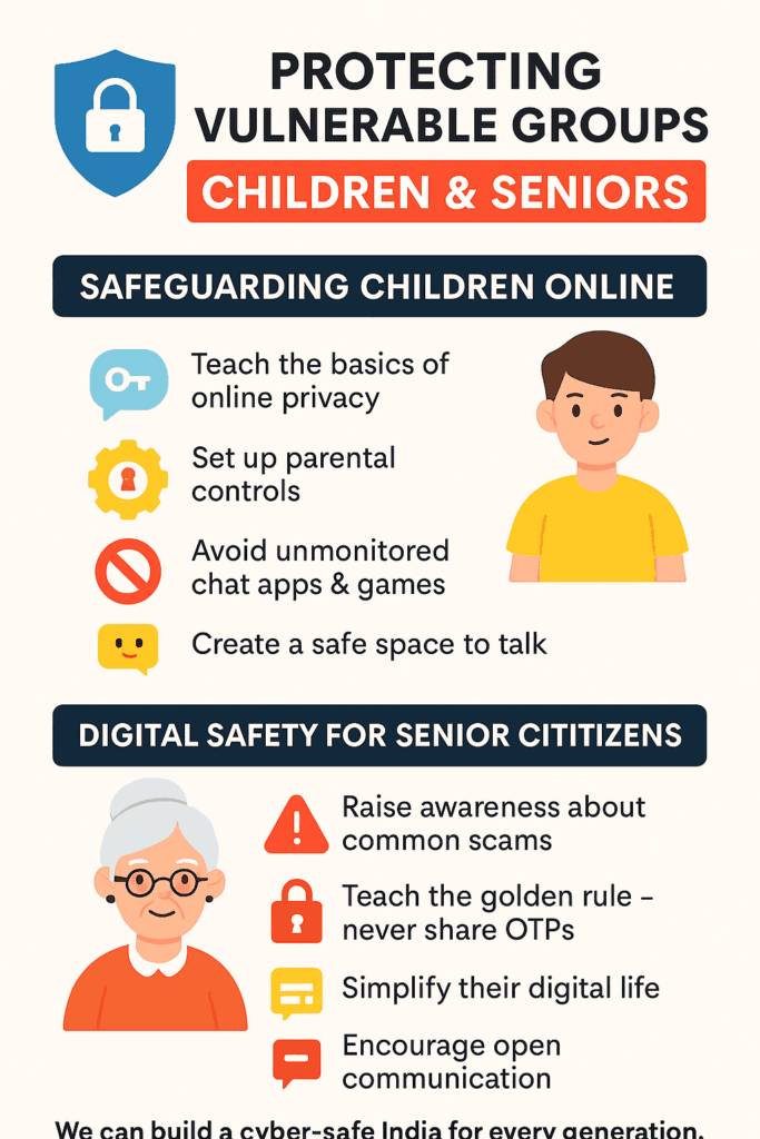Infographic titled "Protecting Vulnerable Groups: Children & Seniors" showing cyber safety tips for children and senior citizens with colorful icons and illustrations of a child and an elderly woman.